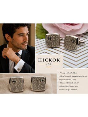 Vintage Hickok USA Cufflinks Gold Tone Marcasite Mid Century Square Classic .75"